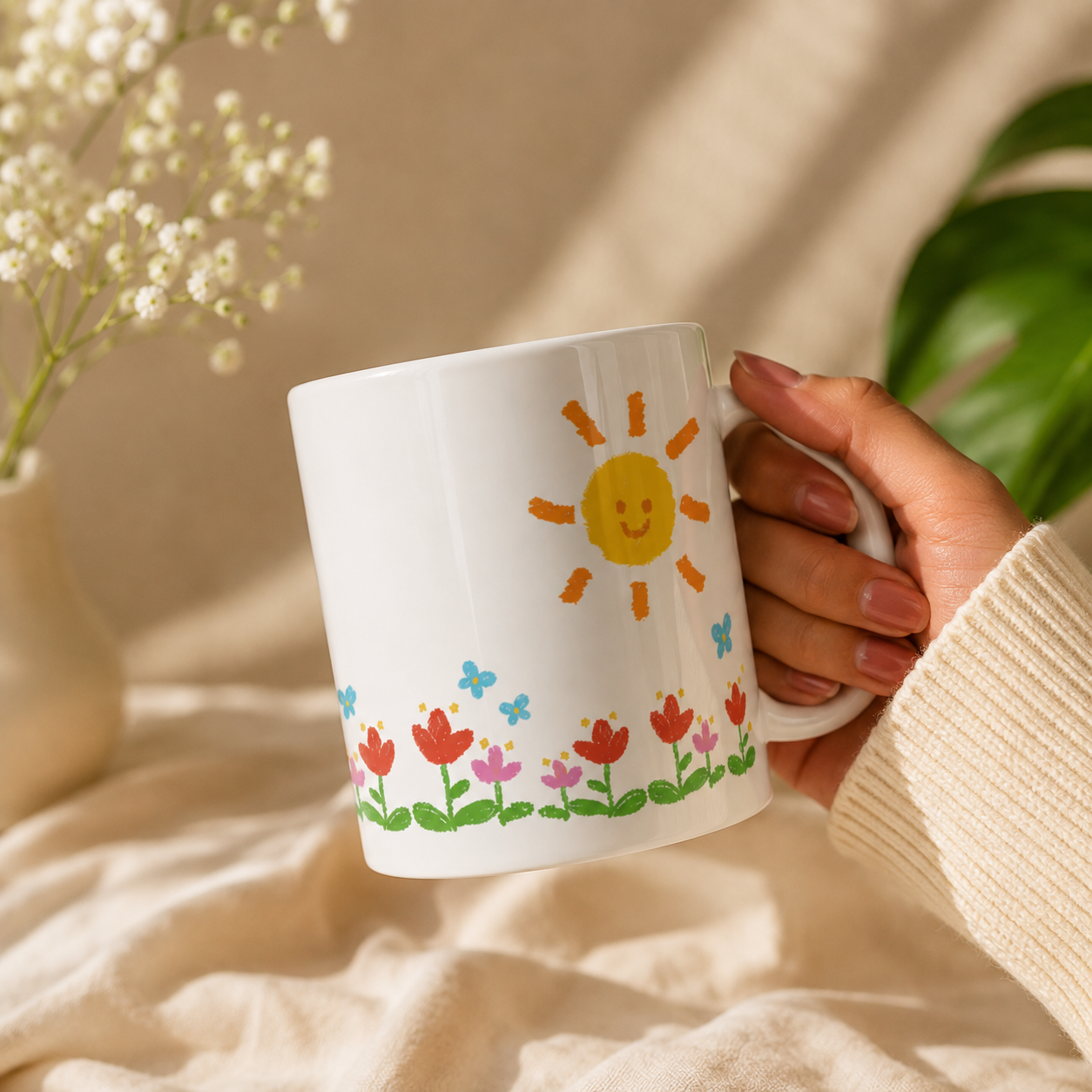 A hand holding a white ceramic mug decorated with a yellow smiling sun and a colorful row of flowers and butterflies, set against a warm beige fabric background with soft floral props.