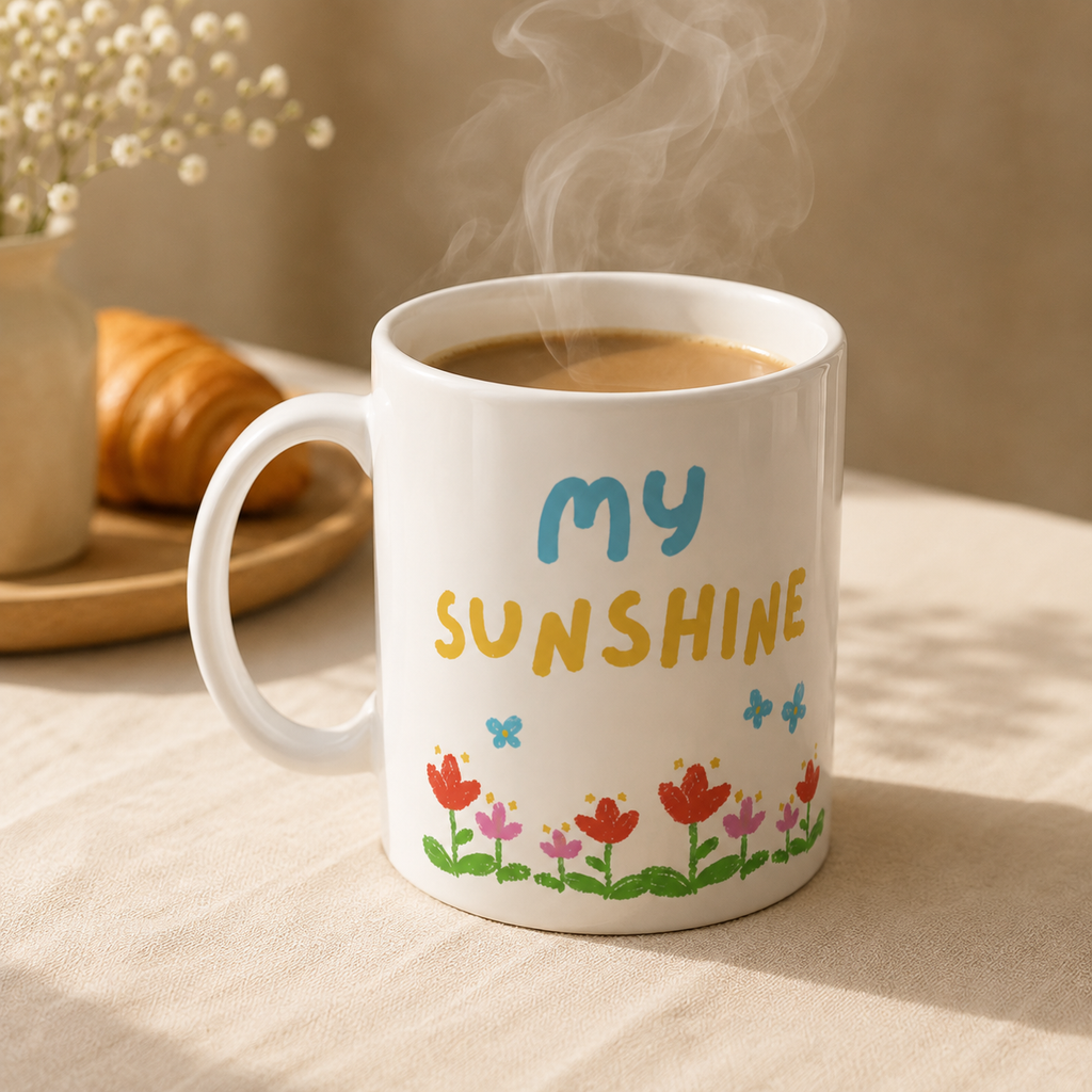 A white ceramic mug filled with a hot beverage and showing visible steam, printed with the words 'my SUNSHINE' in blue and yellow, with small colorful flowers along the bottom. The mug sits on a beige fabric surface in a warm indoor setting with a croissant and flowers blurred in the background.