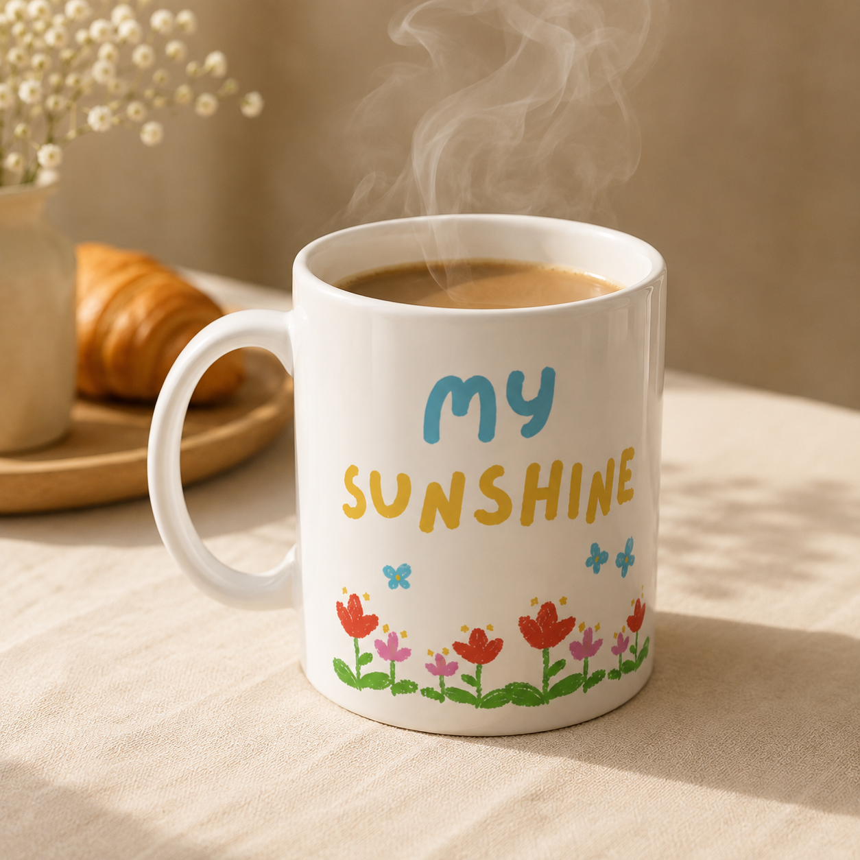A white ceramic mug filled with a hot beverage and showing visible steam, printed with the words 'my SUNSHINE' in blue and yellow, with small colorful flowers along the bottom. The mug sits on a beige fabric surface in a warm indoor setting with a croissant and flowers blurred in the background.