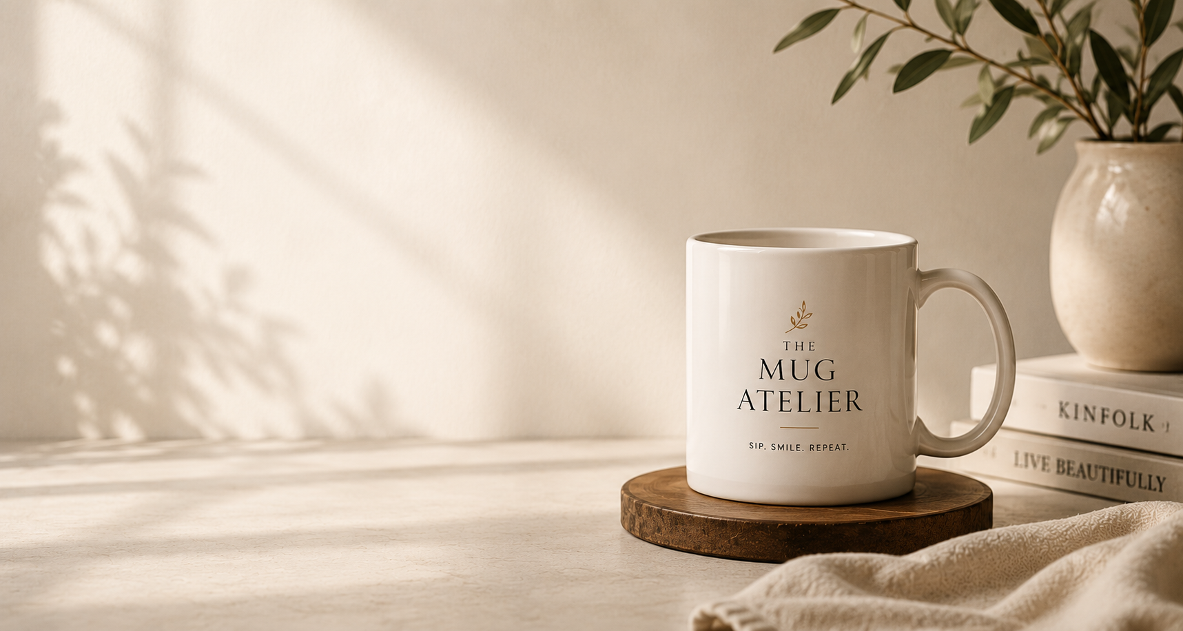 A white ceramic mug with gold text reading 'THE MUG ATELIER' sits on a round wooden coaster on a light tabletop. The scene is styled with a beige vase of greenery, a book, and a soft beige cloth, with warm sunlight casting leaf shadows across the background.